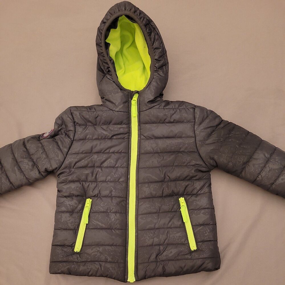 Cat & Jack Gray Neon Green Hooded Puffer Jacket Full Zip Pockets Kids XS 4/5